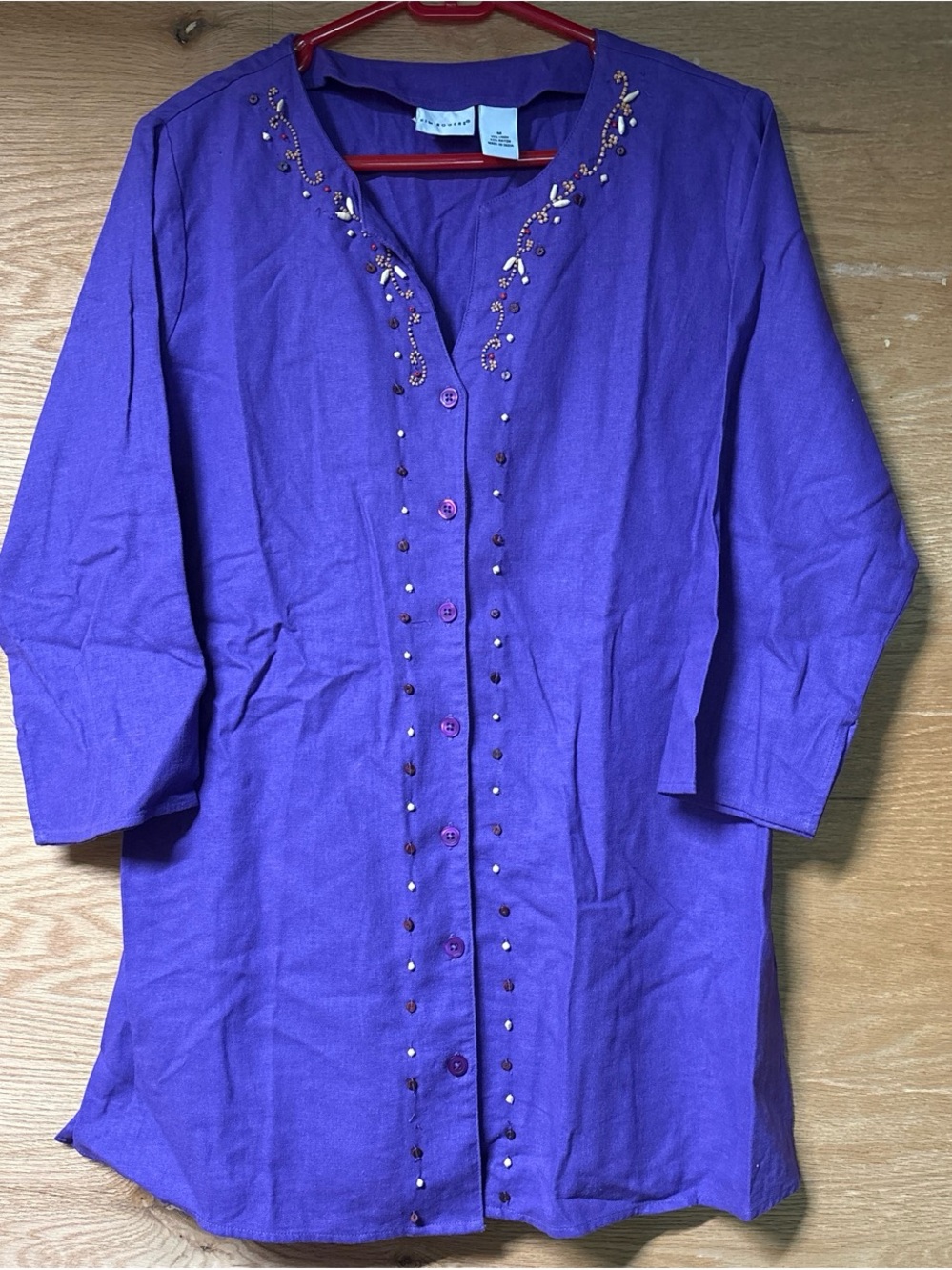 Kim Rogers Purple Embellished Linen Blend Button-Front Tunic